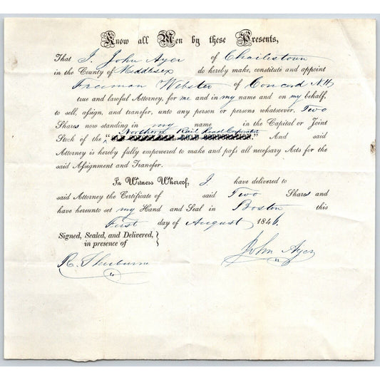 1846 Legal Document Power of Atty re: Northern Railroad Stock John Ayer
