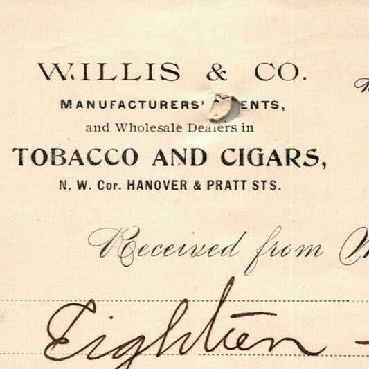 1899 Letterhead Billhead Willis & Co. Tobacco Cigars Baltimore - Ephraim Baker*