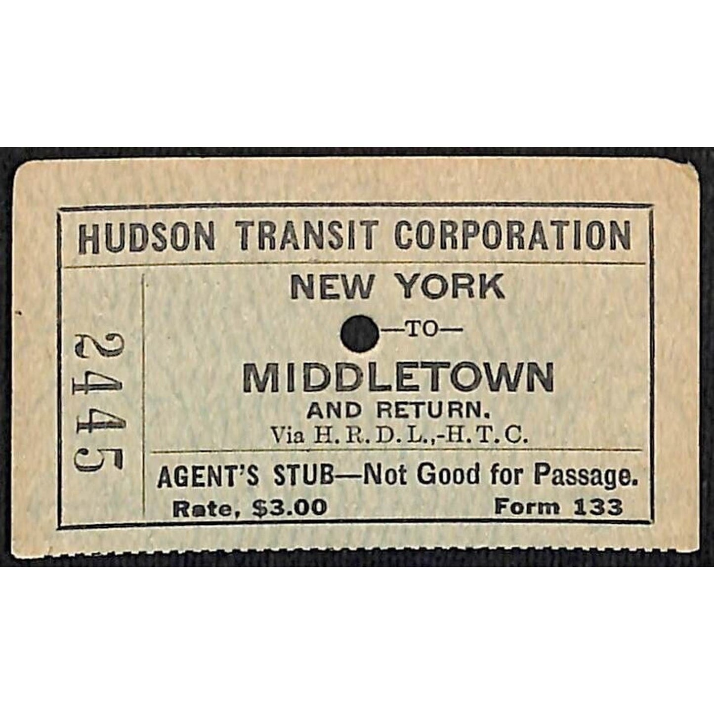 Hudson Transit Corporation Railroad Ticket New York to Middletown #2445