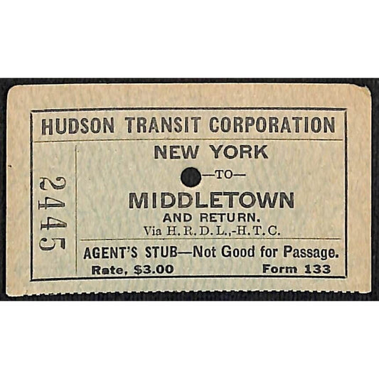 Hudson Transit Corporation Railroad Ticket New York to Middletown #2445