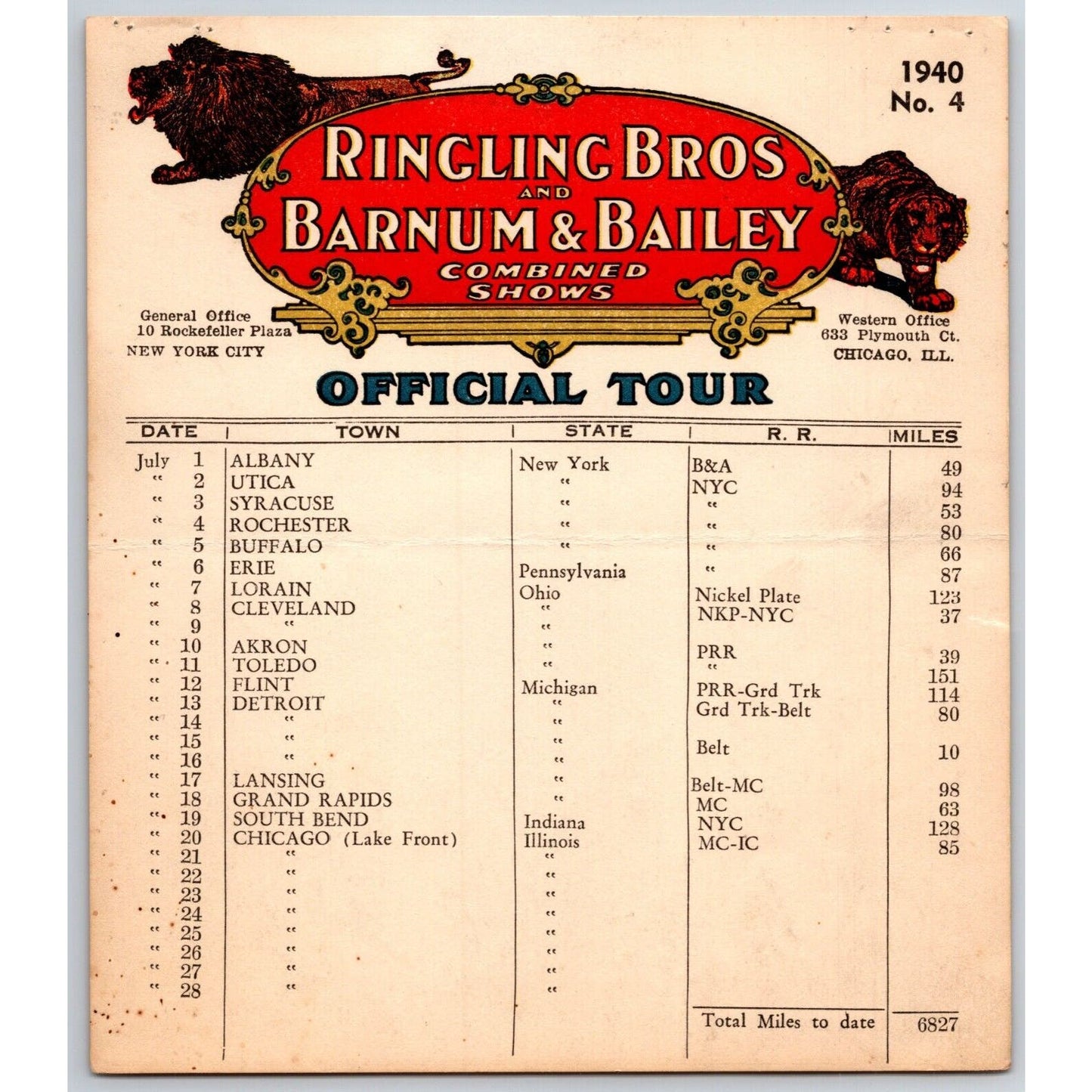 1940 Ringling Bros Barnum & Bailey Circus Route Card Albany Utica Syracuse Erie