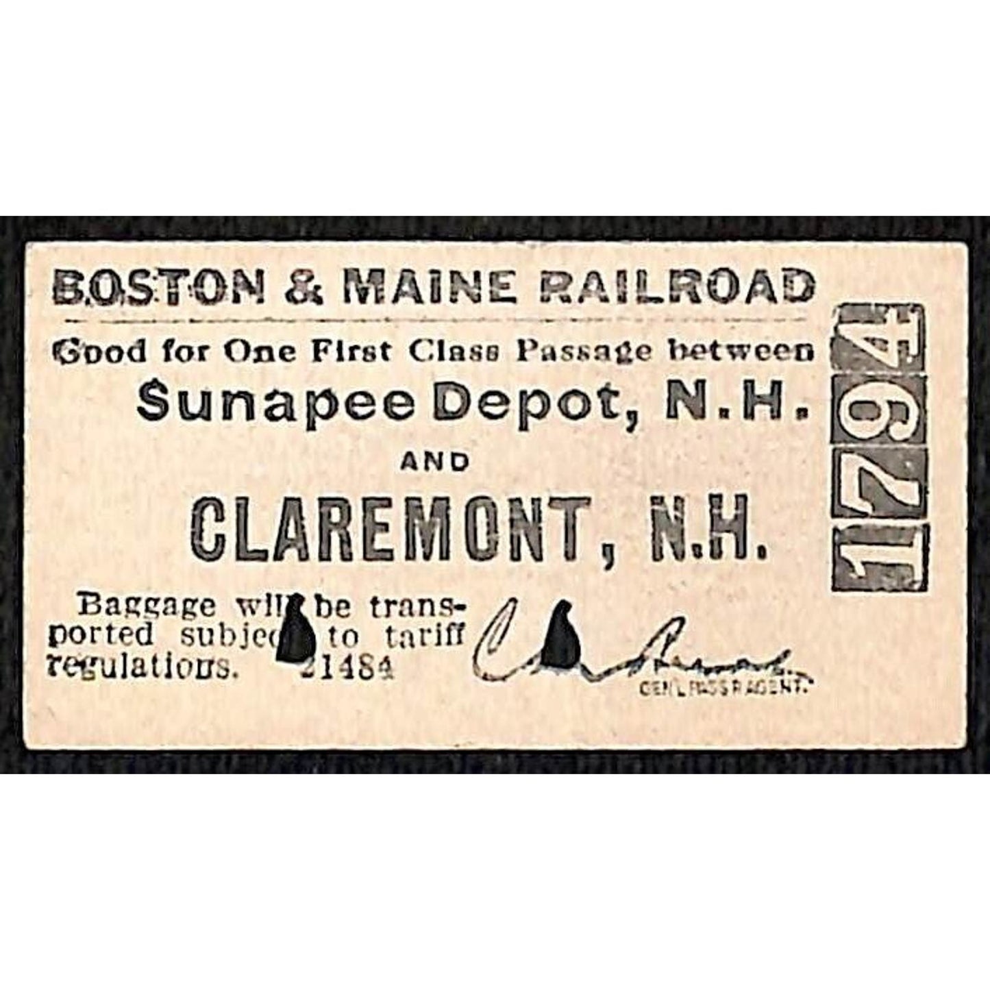 Boston & Maine Railroad 1916 Ticket Sunapee Depot, NH Claremont, NH #1794