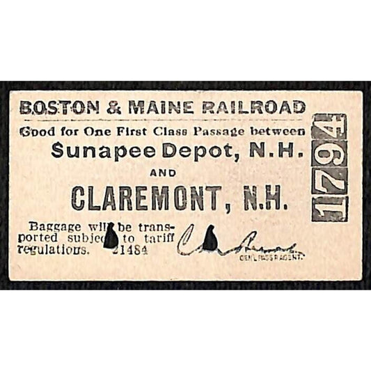 Boston & Maine Railroad 1916 Ticket Sunapee Depot, NH Claremont, NH #1794