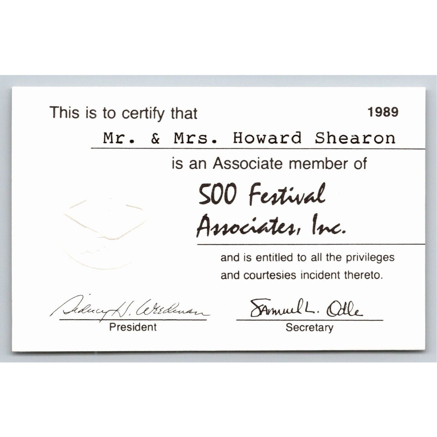 1989 Indy 500 "500 Festival Associates" ID Membership Card Indianapolis IMS
