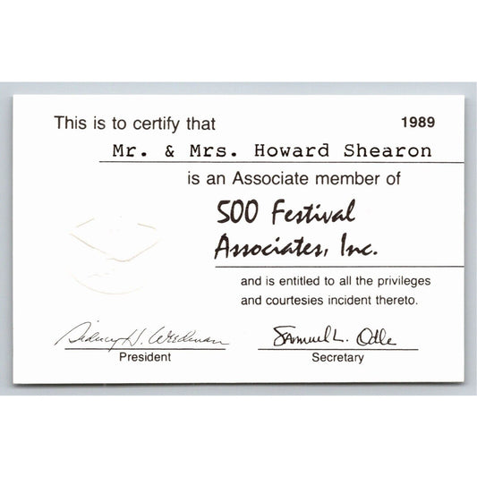 1989 Indy 500 "500 Festival Associates" ID Membership Card Indianapolis IMS