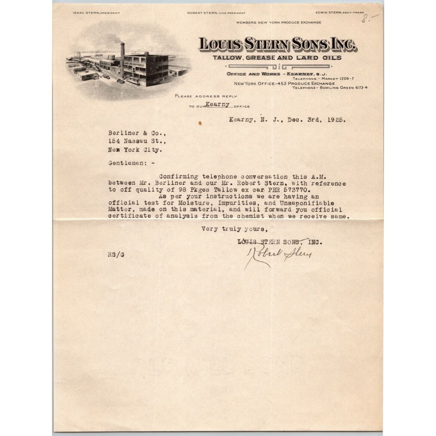 Louis Stern Sons Inc. 1925 Letterhead Kearny, NJ Tallow Grease Lard Oils