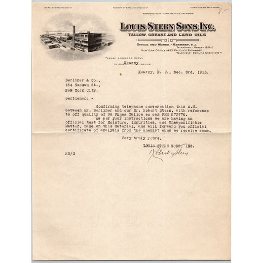 Louis Stern Sons Inc. 1925 Letterhead Kearny, NJ Tallow Grease Lard Oils
