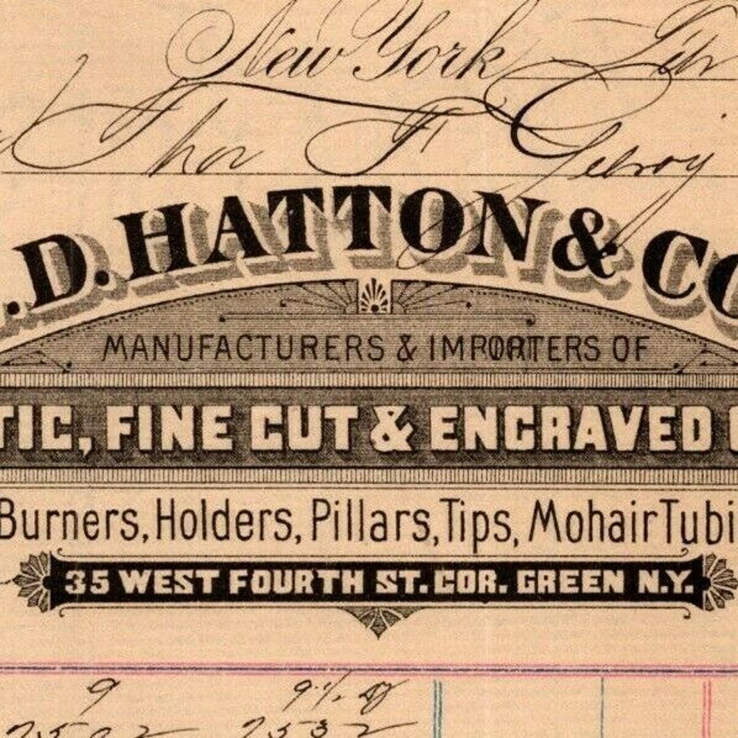 1888 L. D. Hatton & Co. Pillars Tips Mohair Tubing Billhead Letterhead - NYC