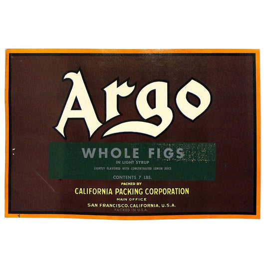 1948 Paper Can Label Argo Brand Whole Figs in Light Syrup 7 Lbs. VGC Scarce