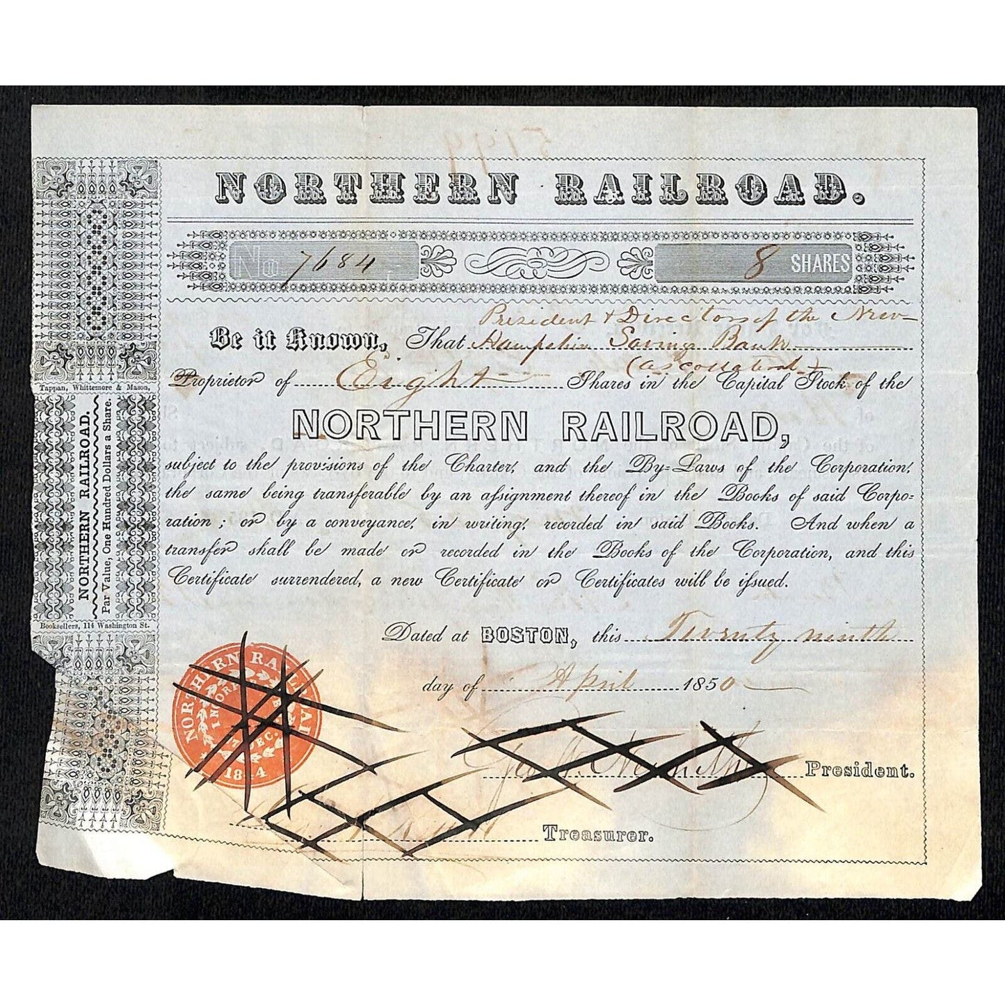 1850 Boston MA Northern Railroad Stock Certificate No. 7684 for 8 Shares