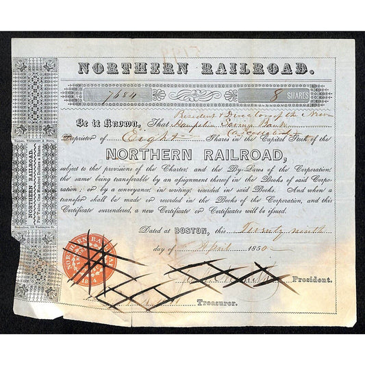 1850 Boston MA Northern Railroad Stock Certificate No. 7684 for 8 Shares