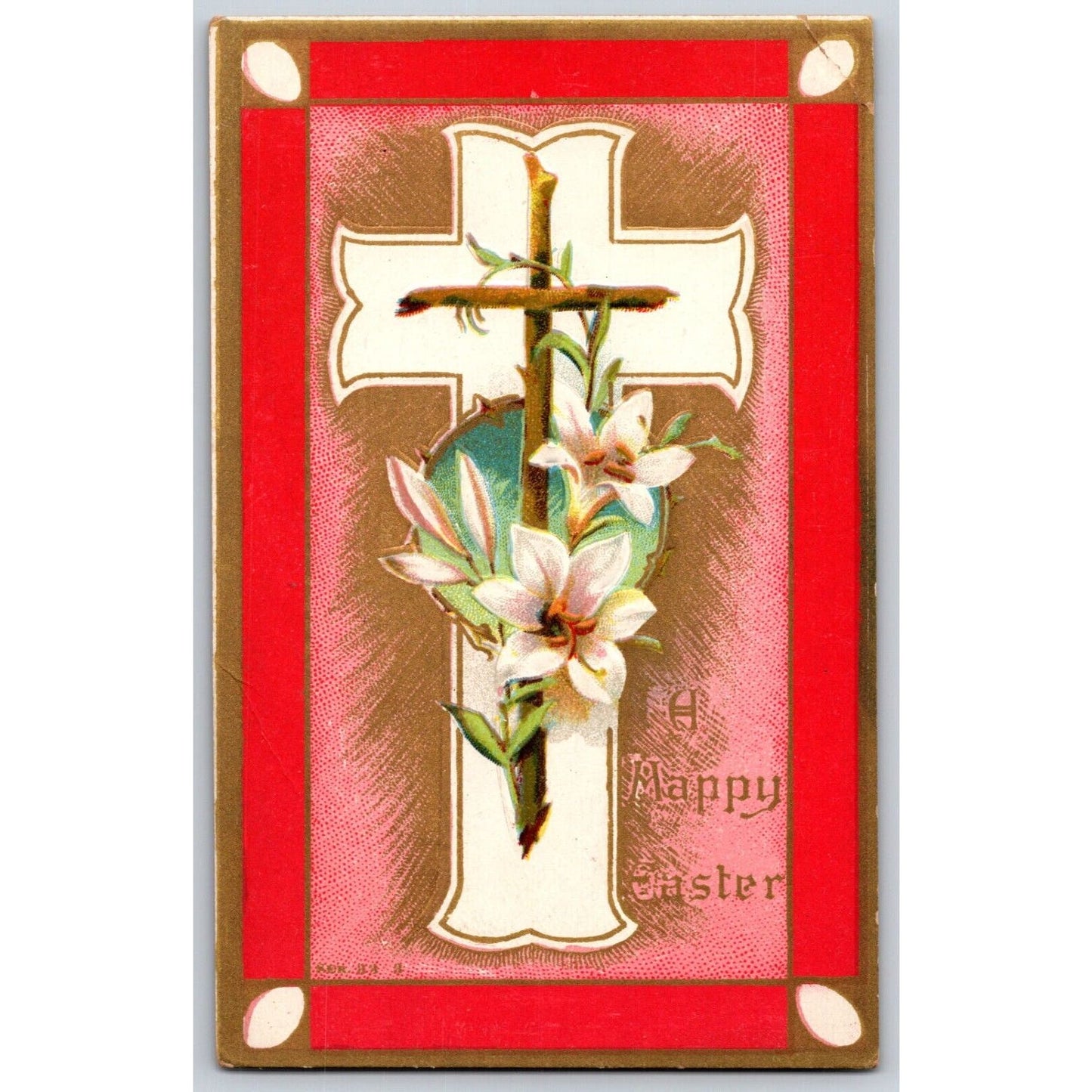 Vintage Easter Postcard "A Happy Easter" Floral Cross Red Border