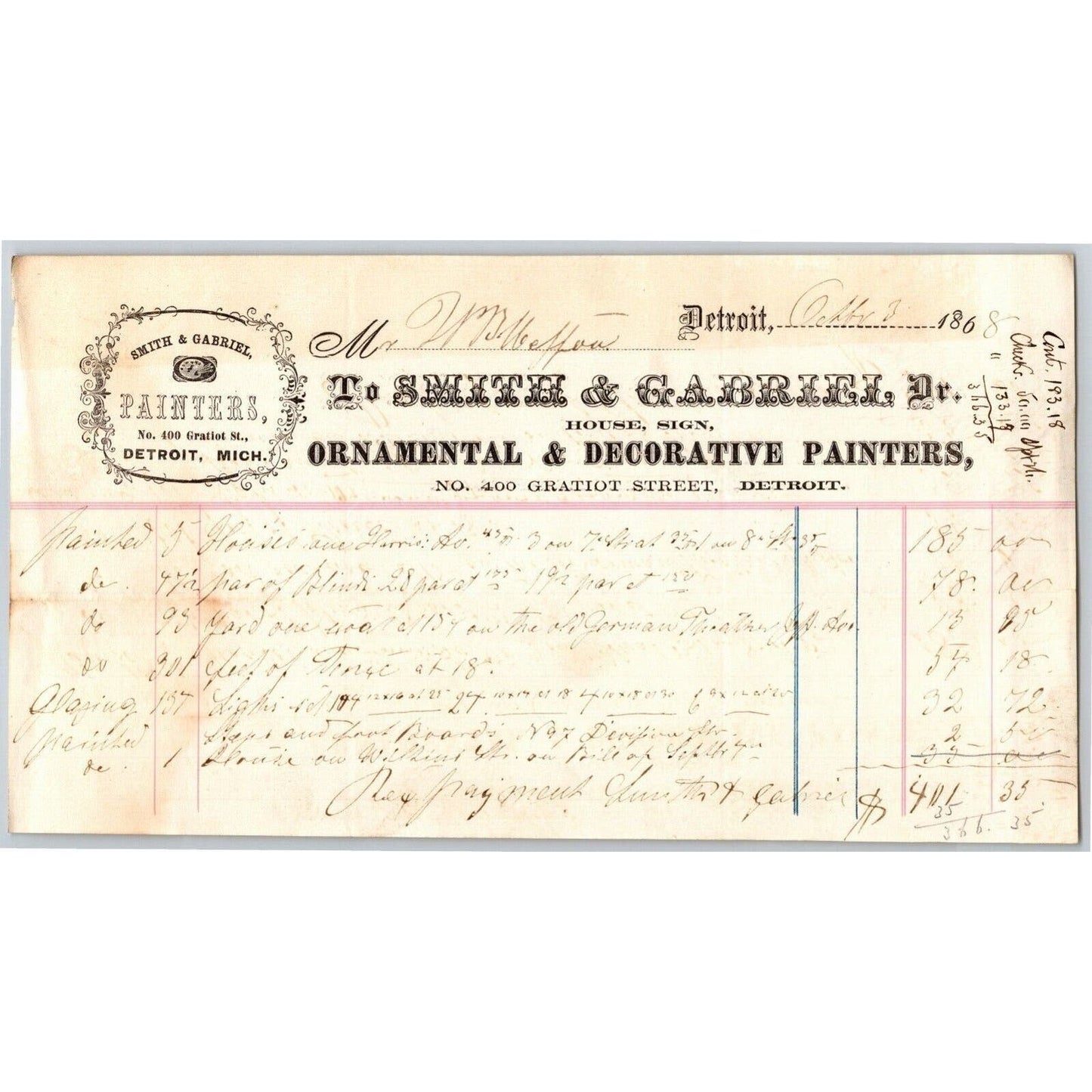 Detroit Letterhead - Smith & Gabriel - Ornamental & Decorative Painters 1868