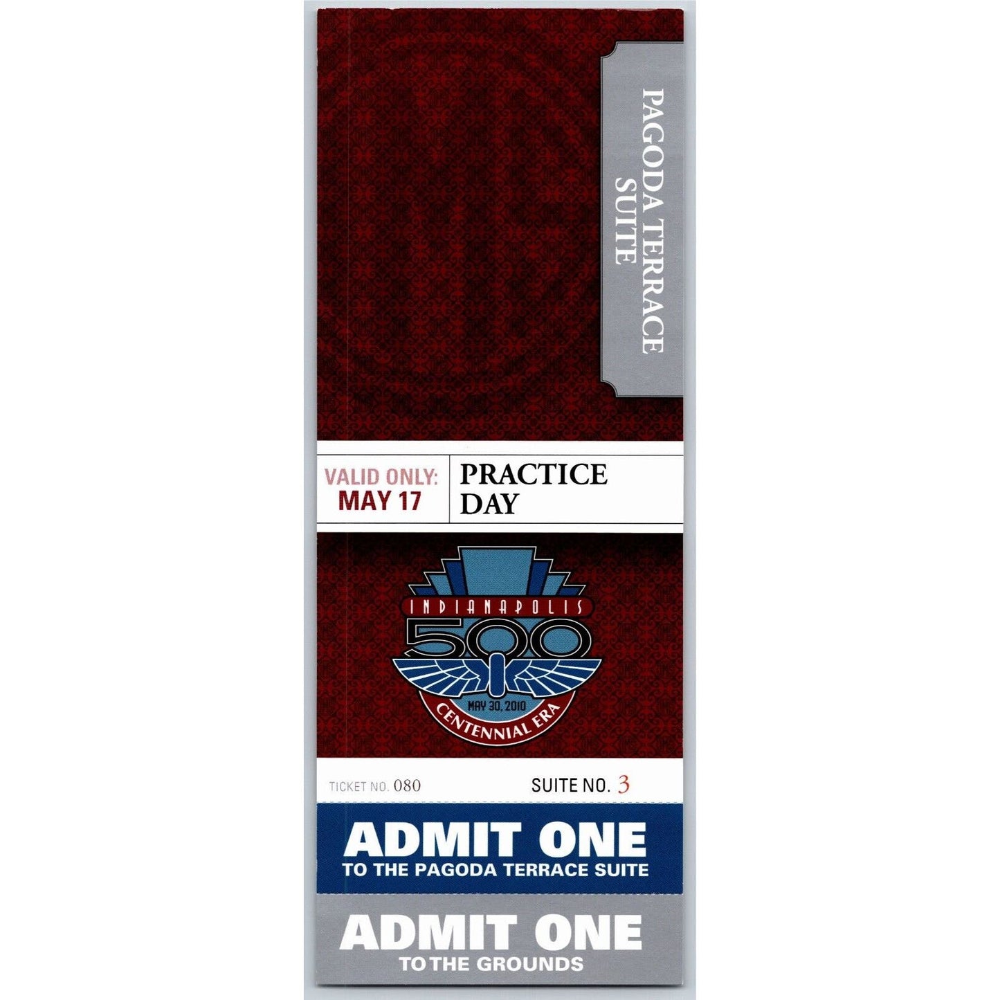 2010 Indy 500 Practice Day 5/17 Pagoda Terrace Suite Unused Ticket #080