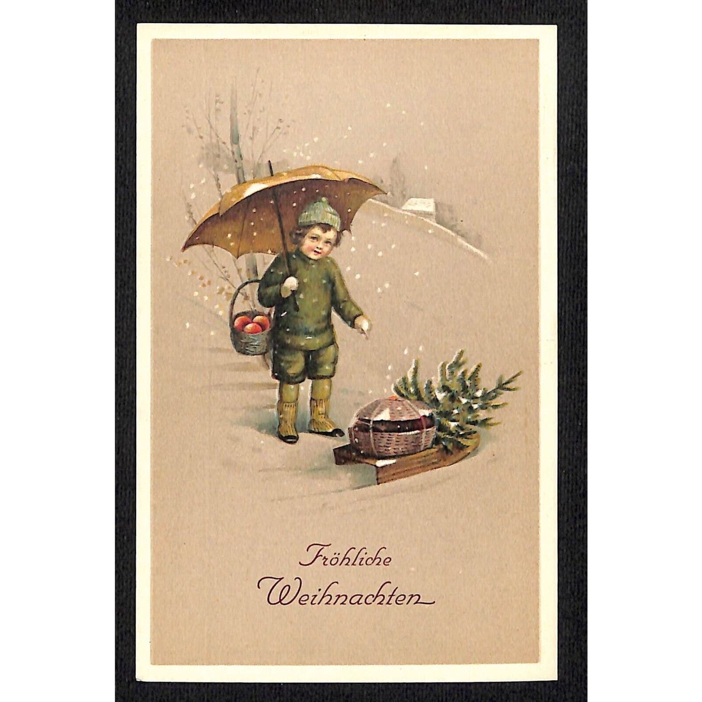 Fröhliche Weihnachter Christmas Child Basket Fruit Sled Snow Postcard c1930's-40