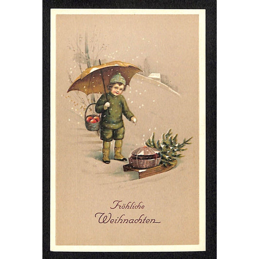 Fröhliche Weihnachter Christmas Child Basket Fruit Sled Snow Postcard c1930's-40