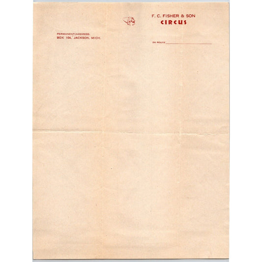 F.C. Fisher & Son Circus Letterhead c1944 Jackson, MI Clown Scarce
