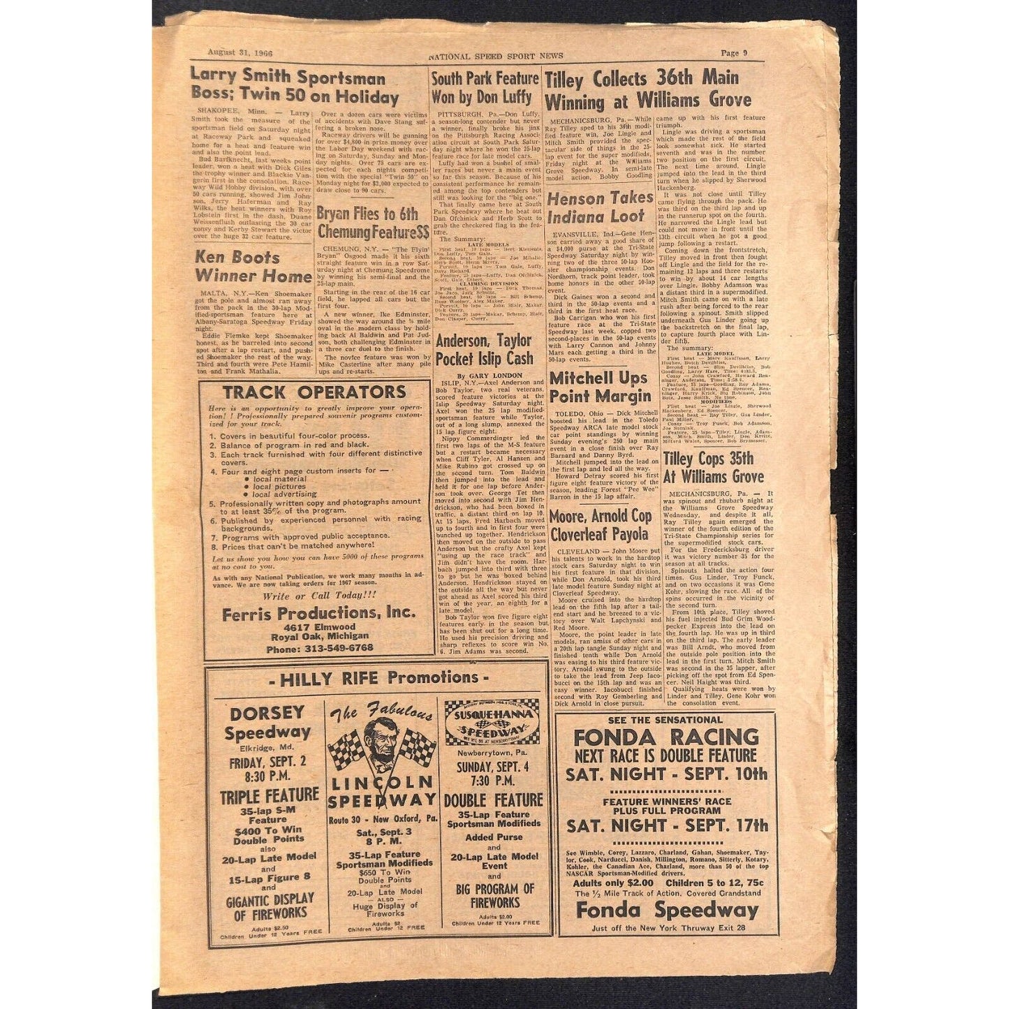 National Speed Sport News 8/31 1966 Andretti Tops USAC Sprinters Racing 27pp VGC