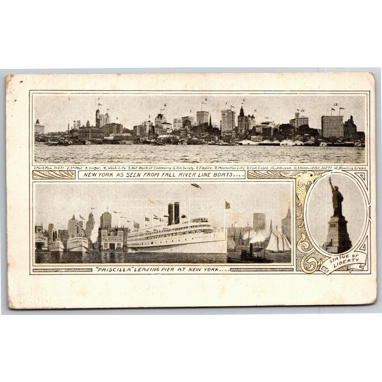 Vintage c1901-07 New York Postcard Priscilla / Fall River Lines / NY Skyline