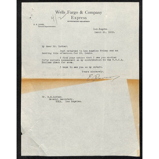 Wells Fargo & Co. Express Los Angeles YMCA 1913 Letterhead re: $50 Assessment