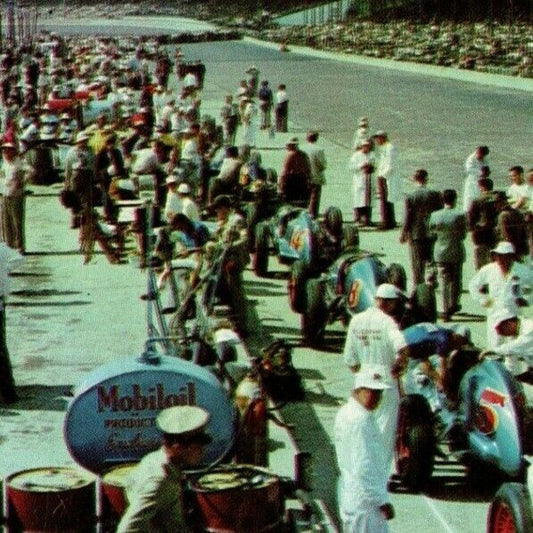 Indy 500 Postcard 1950 "500 Mile Speedway - In the Pit Area" Rounded Edges