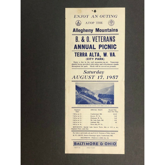 1957 Baltimore & Ohio RR Broadside Veterans Annual Picnic Allegheny Mountains