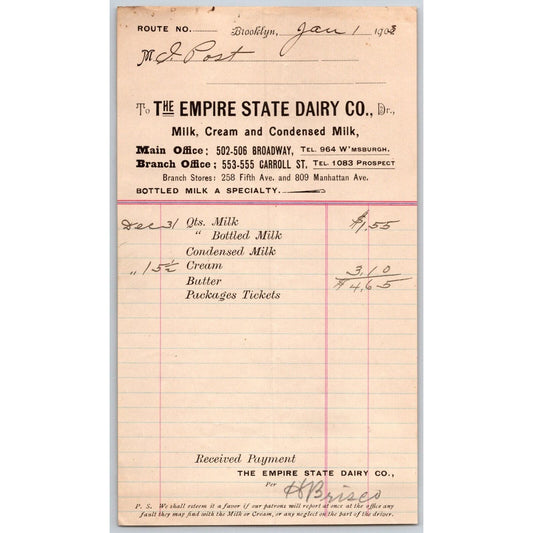 Empire State Dairy Brooklyn, NY Jan. 1 1903 Billhead to: Isaac Post VGC