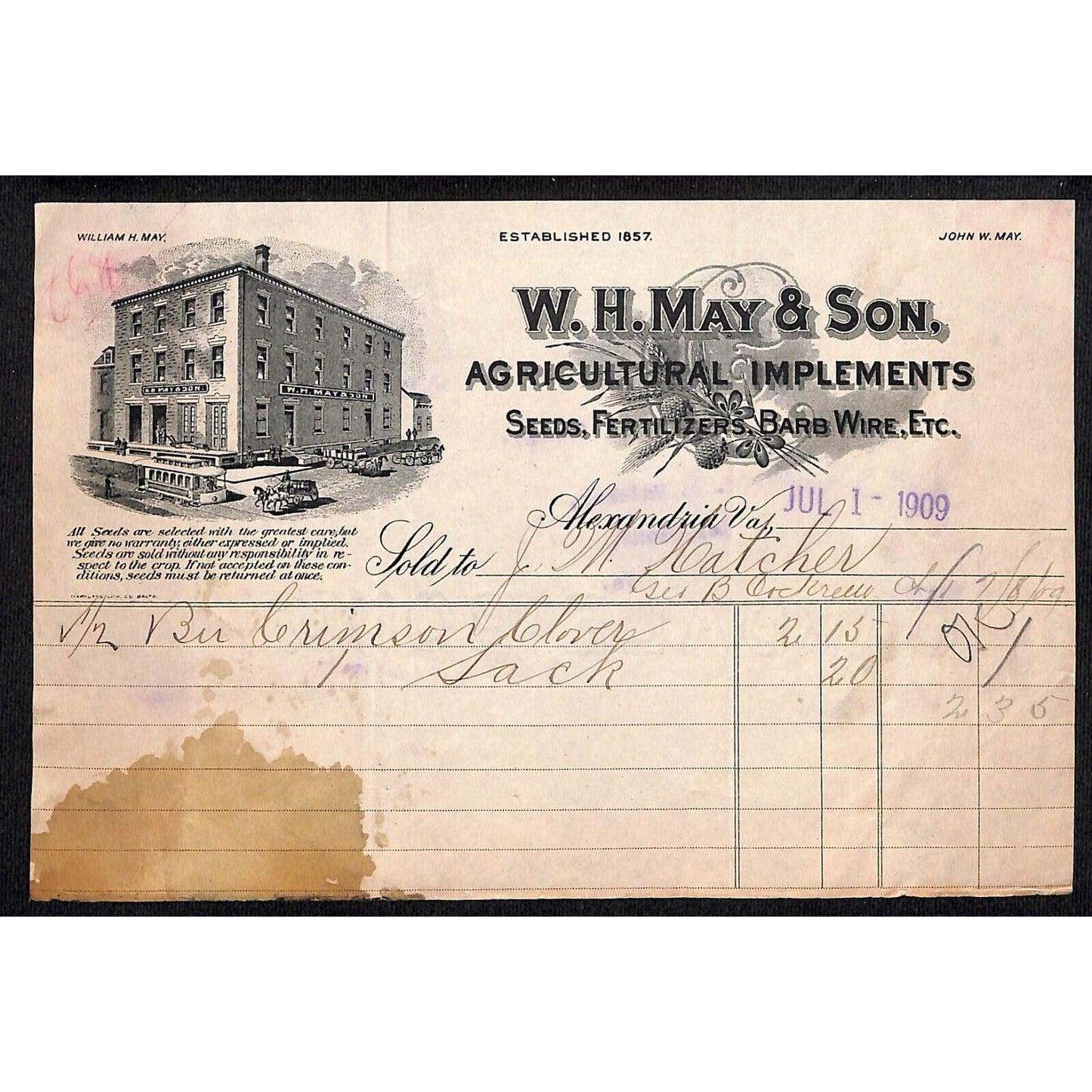 Alexandria, VA W.H. May & Son Agricultural Implements 1909 Billhead w/ Vignette