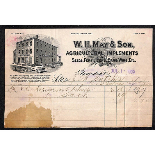 Alexandria, VA W.H. May & Son Agricultural Implements 1909 Billhead w/ Vignette