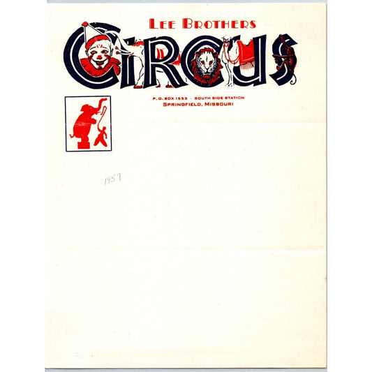 Lee Brothers Circus Letterhead Springfield, MI c1957 Large Thermography Text