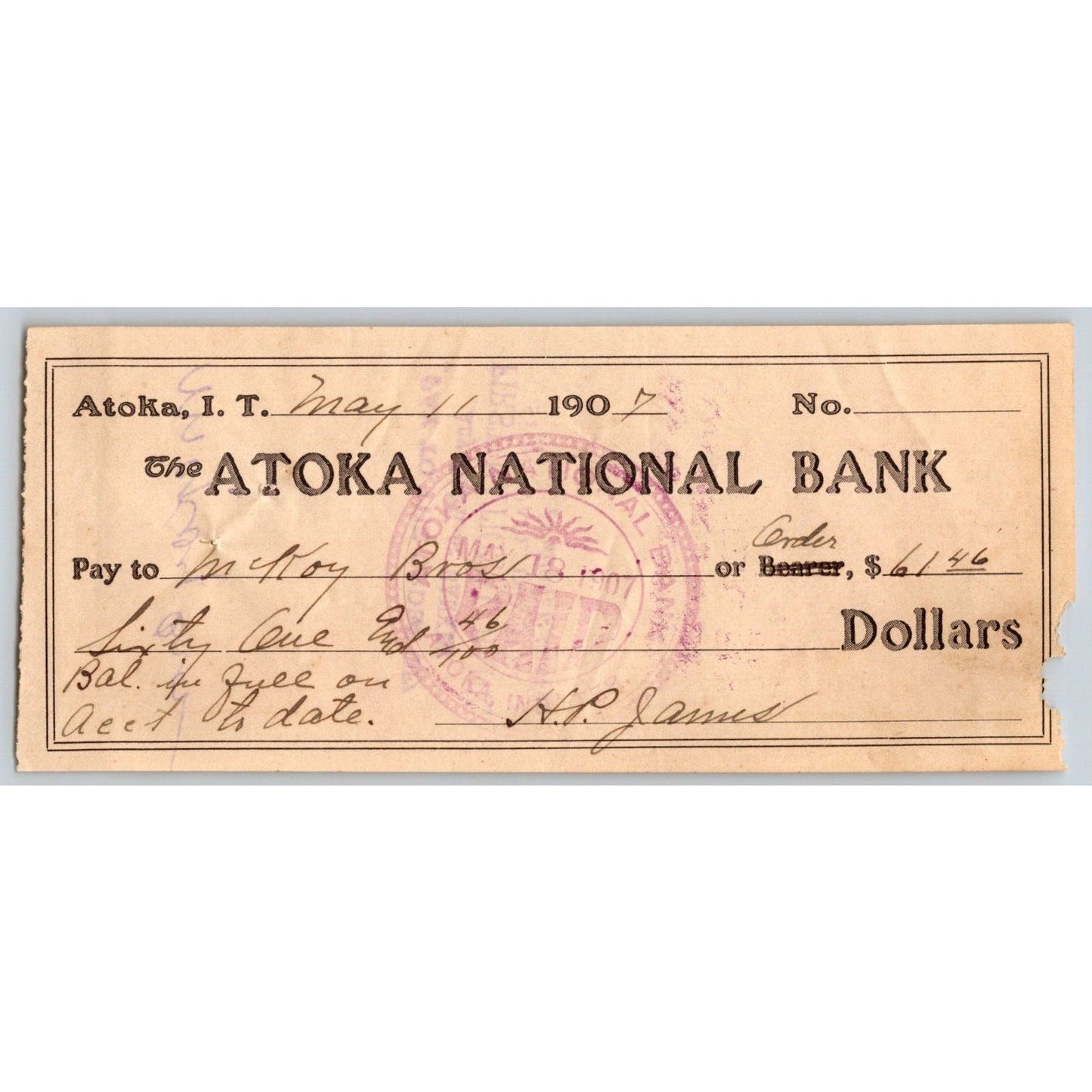 Atoka, OK 1907 Indian Territory "Atoka National Bank" Check $61.46 - Scarce