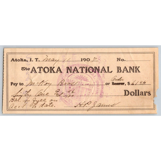 Atoka, OK 1907 Indian Territory "Atoka National Bank" Check $61.46 - Scarce