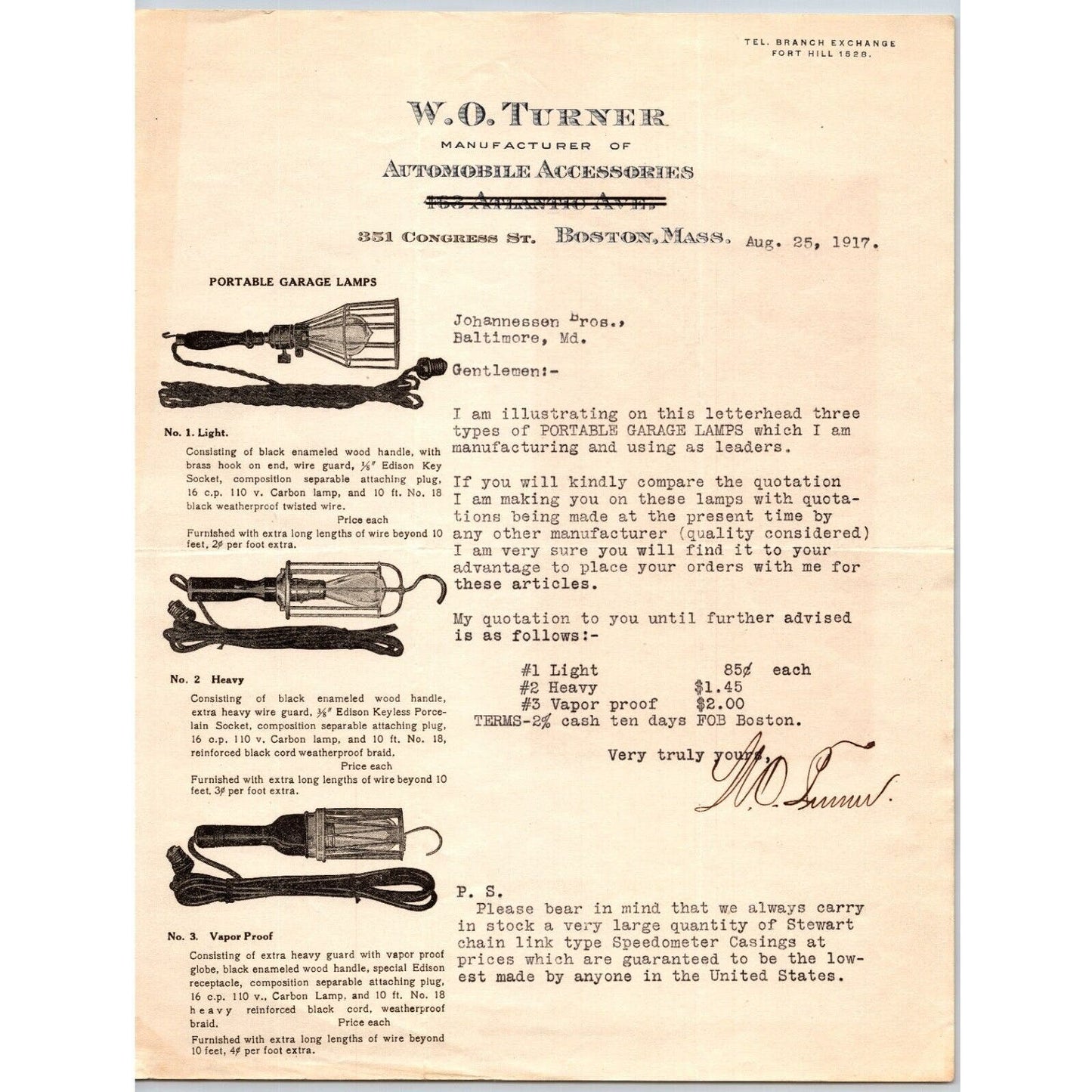 Boston, MASS W.O. Turner Portable Garage Lamps Automobile 1917 Letterhead