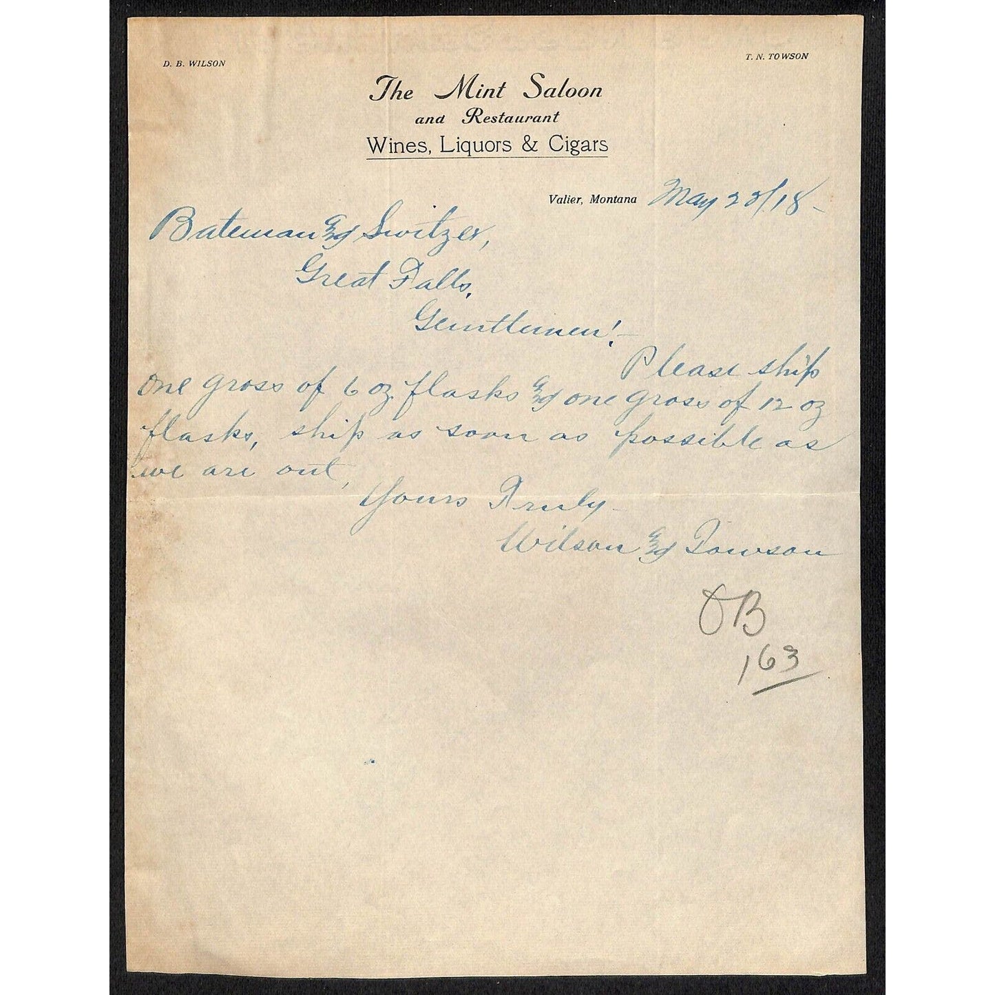 Valier, MT "The Mint Saloon & Restaurant" 1918 Letterhead - Bateman Switzer