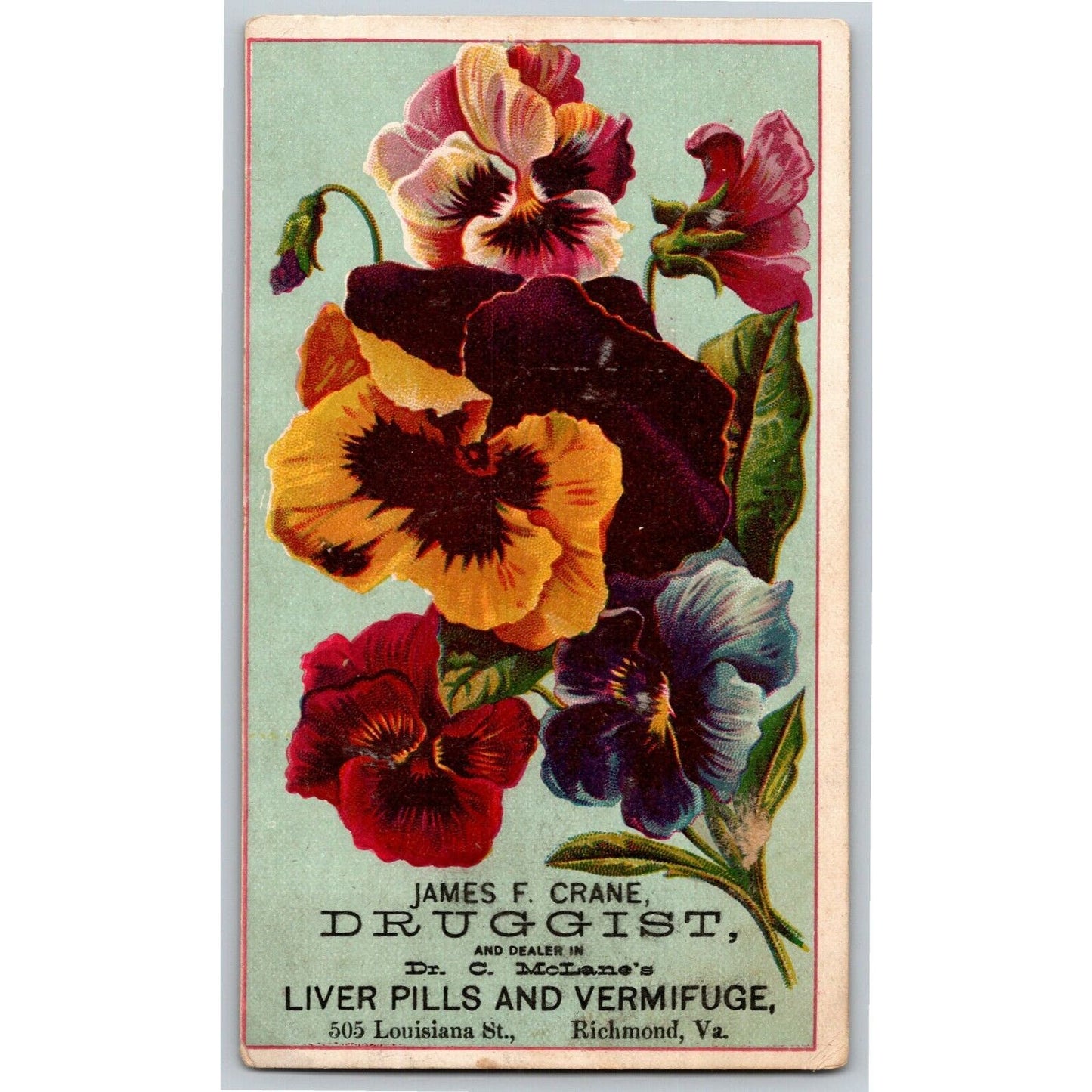 James F. Crane Druggist McLane's Liver Pills Richmond, VA Victorian Trade Card