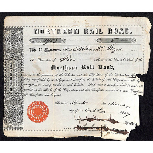 1847 Boston MA Northern Railroad Stock Certificate No. 1953 for 5 Shares