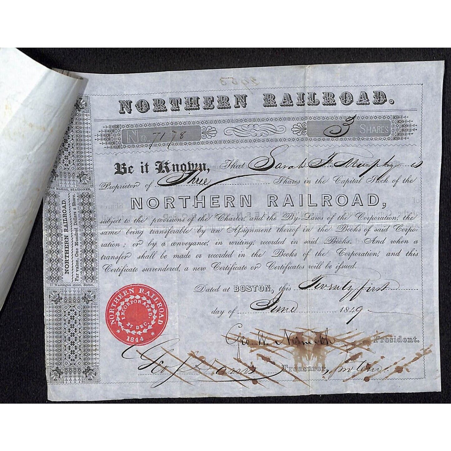 1849 Northern Railroad Stock Certificate & Affixed 1850 Power of Attorney Letter