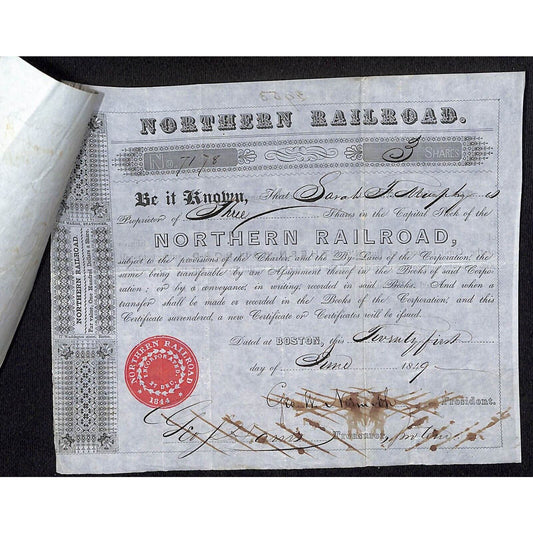 1849 Northern Railroad Stock Certificate & Affixed 1850 Power of Attorney Letter