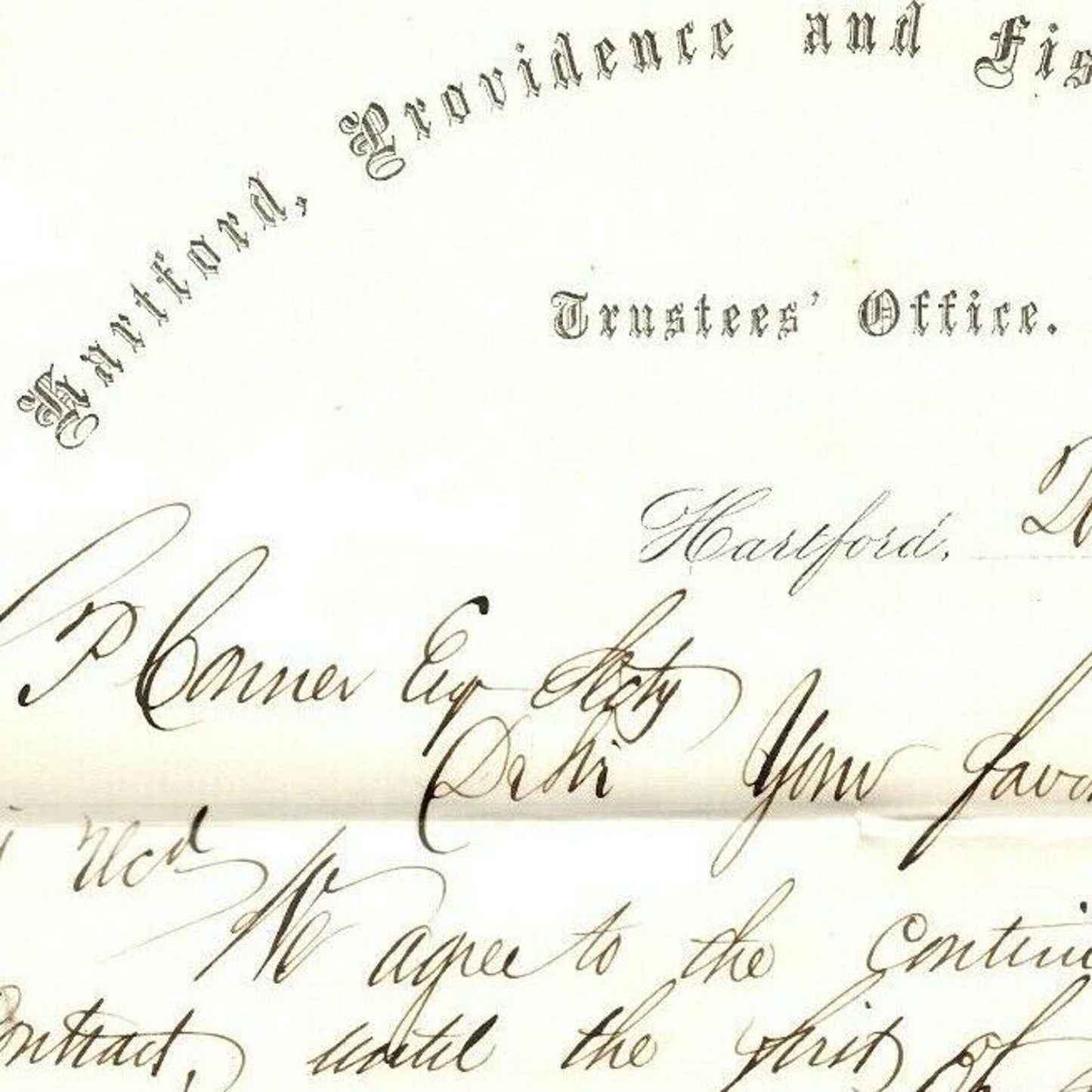 1862 Hartford, Providence & Fishkill Railroad Signed Contract Extension Letter