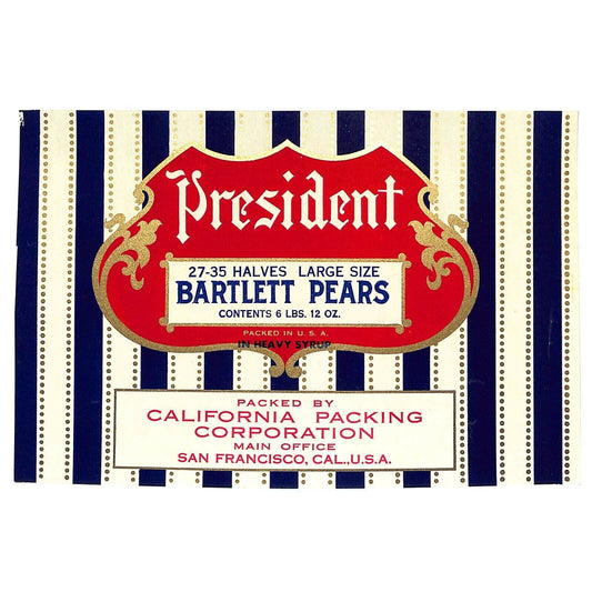 1940 Paper Can Label President Brand Large Size Pear Halves 6 Lbs. VGC Scarce