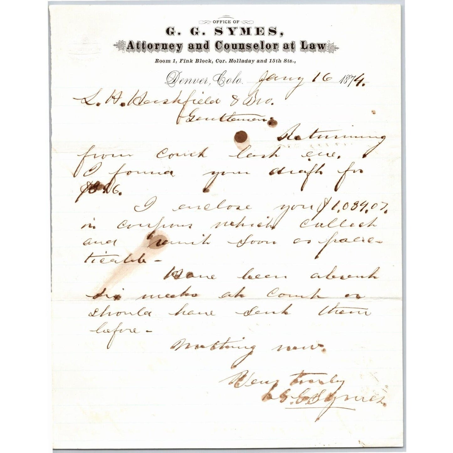 1874 G.G. Symes Attorney and Councilor at Law Denver, CO Letterhead