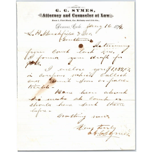 1874 G.G. Symes Attorney and Councilor at Law Denver, CO Letterhead