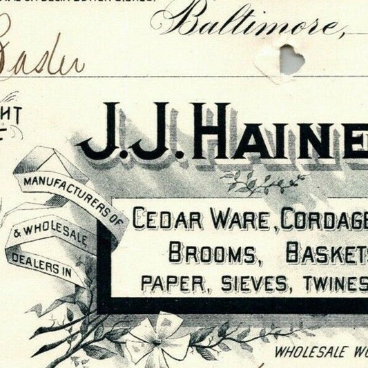 1898 Letterhead Billhead J.J. Haines Paper Twines Baltimore Ephraim Baker*