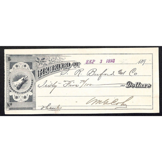 Butte / Virginia City Montana S.R. Buford 1892 - Payment Receipt
