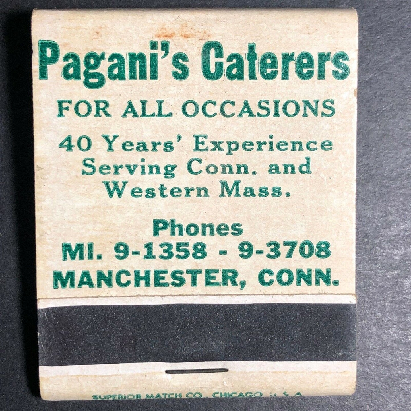 1950's-60's Full Matchbook "Pagani's Caterers" Clambakes Bolton Manchester, CT