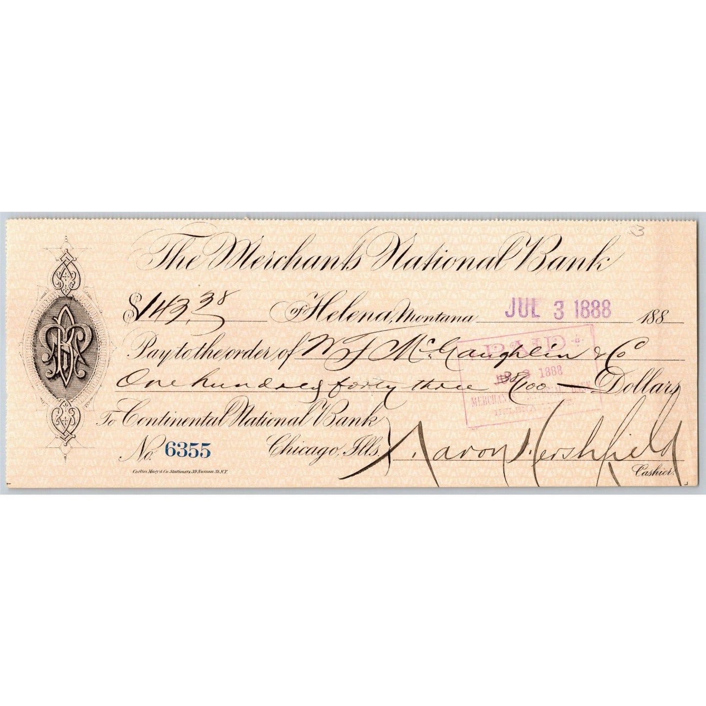 Helena Montana Merchants National Bank Check 1888 Aaron Hershfield Signed