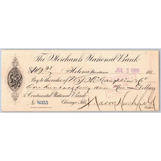 Helena Montana Merchants National Bank Check 1888 Aaron Hershfield Signed