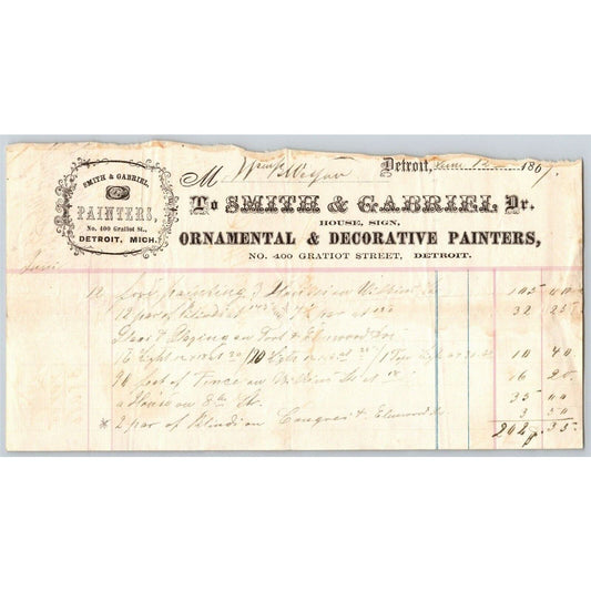 Detroit Letterhead - Smith & Gabriel Ornamental & Decorative Painters -- 1869