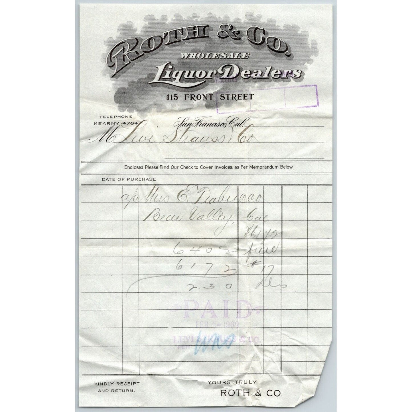 c1908 Roth & Co. Liquor Invoice to Levi Strauss San Francisco Billhead