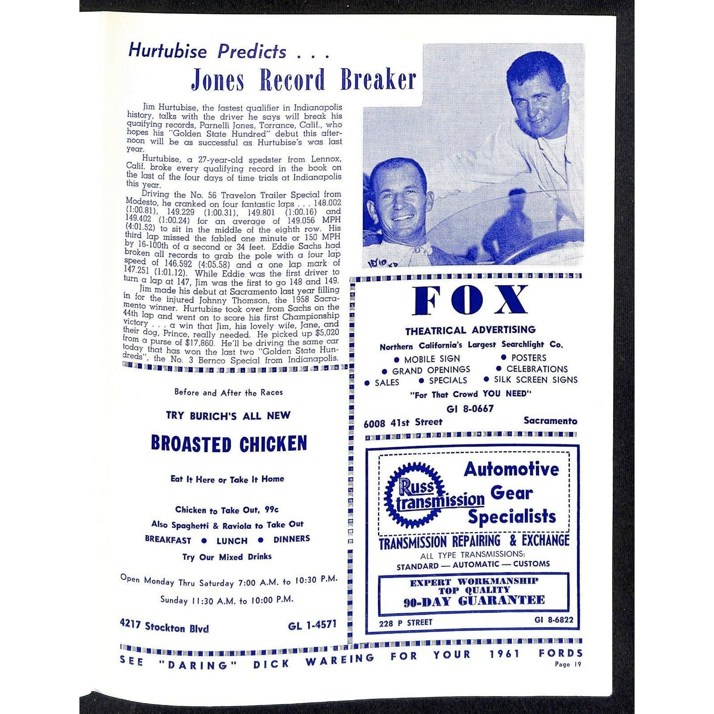 Scarce 10/30 1960 Sacramento State Fair USAC Racing Program Big Car 100 Mile
